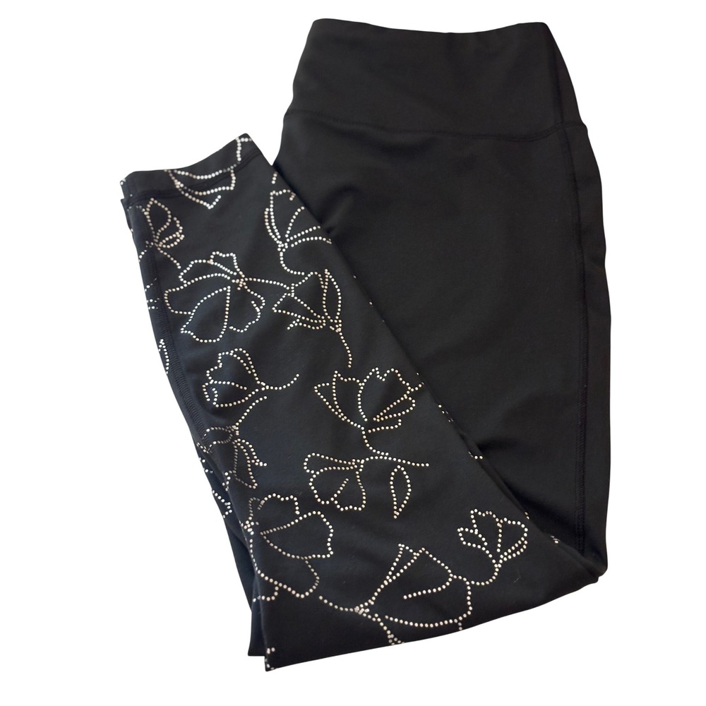 Zelos Leggings Women XL Black Floral Rhinestone High Rise Activewear Good